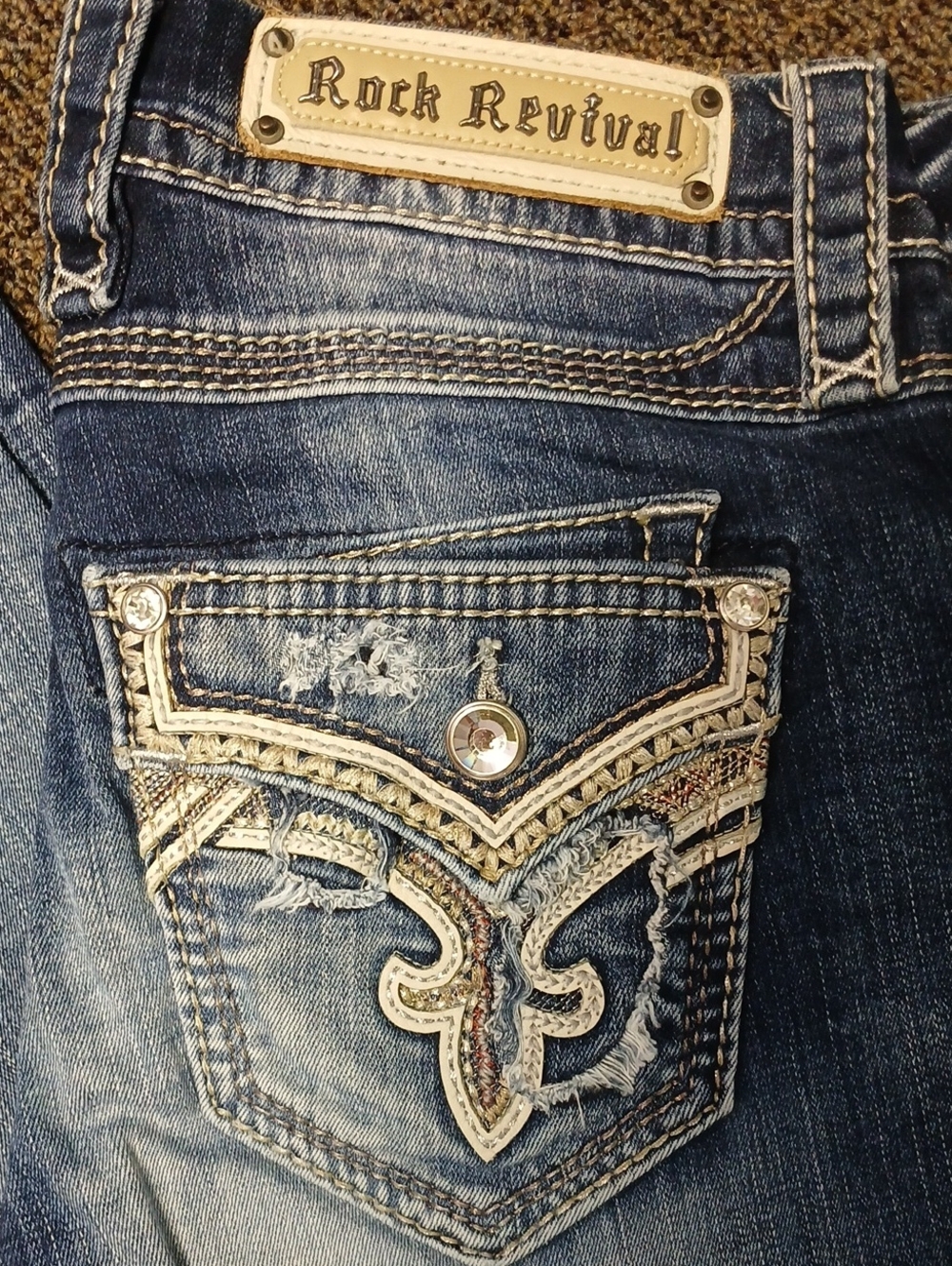 Rock Revival EASY Blue Distressed Boot Cut Jeans with Embellished Pocket